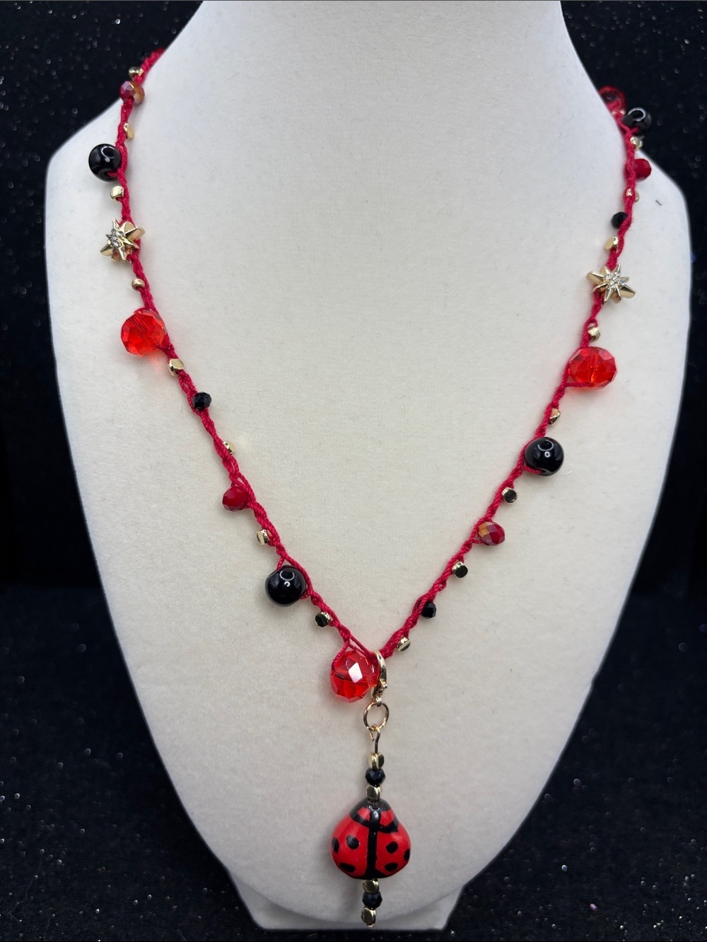 Ladybug Crochet Necklace Whimsical Garden Jewelry Handmade Beaded Fiber Necklace